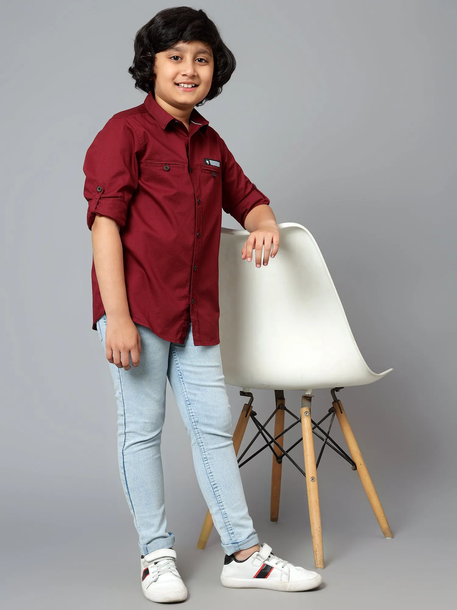 Boys Casual Wine Full Sleeve with Tab  Shirt