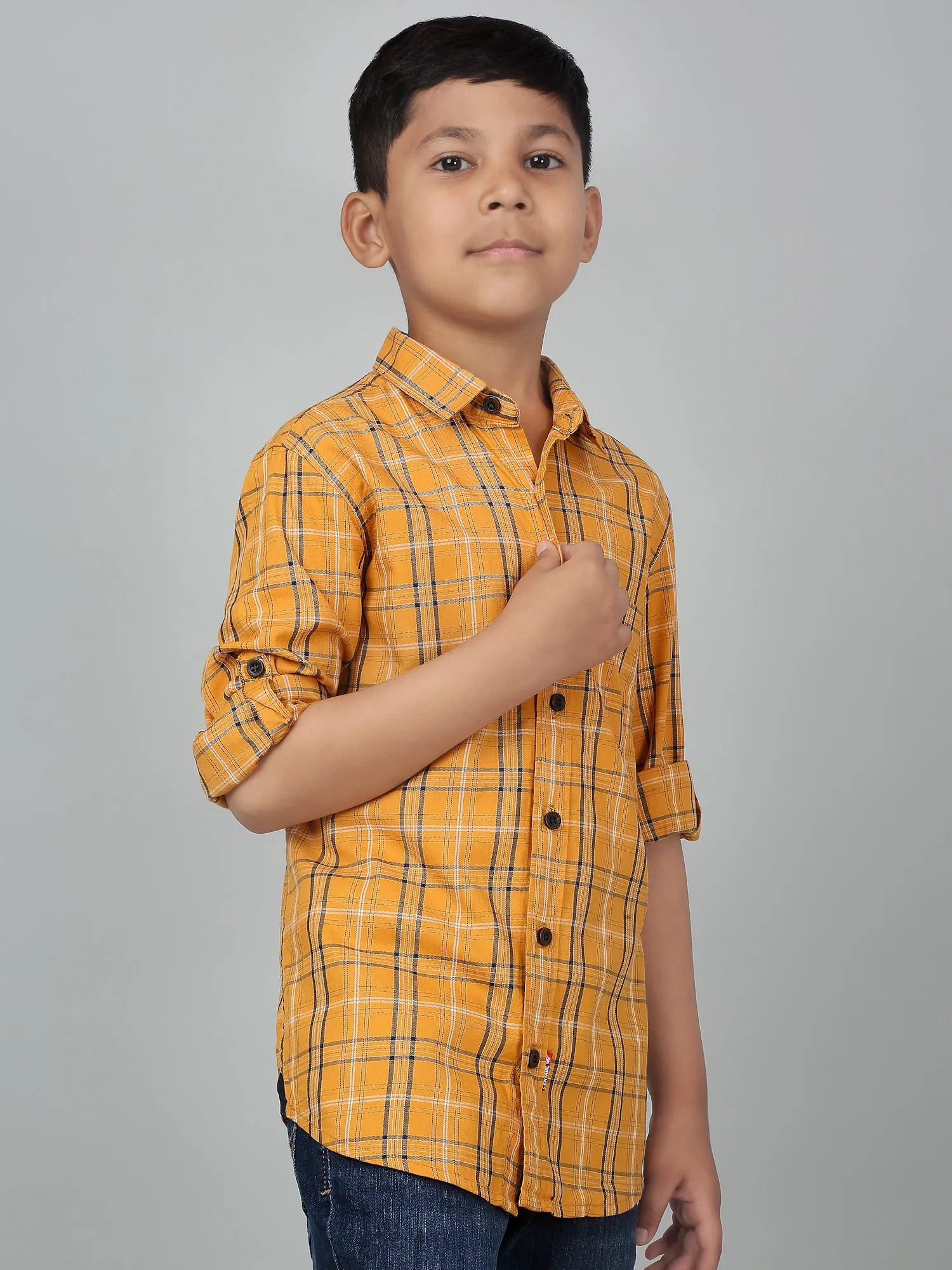 Boy's Mustard Checkered Full Sleeves Shirt