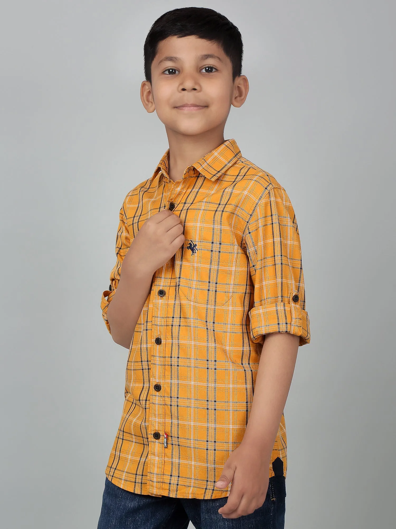 Boy's Mustard Checkered Full Sleeves Shirt