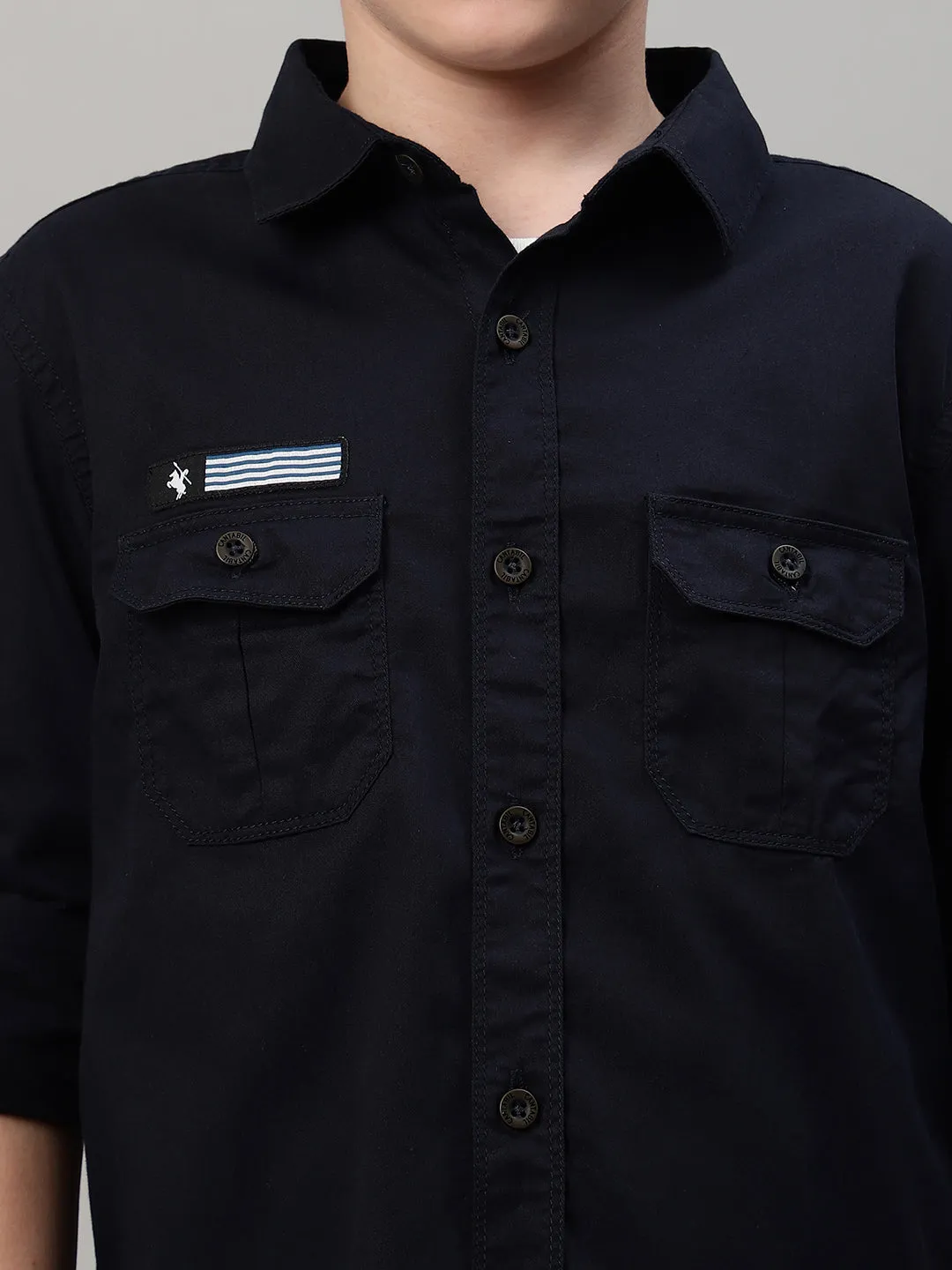 Boy's Navy Blue Solid Full Sleeve Shirt