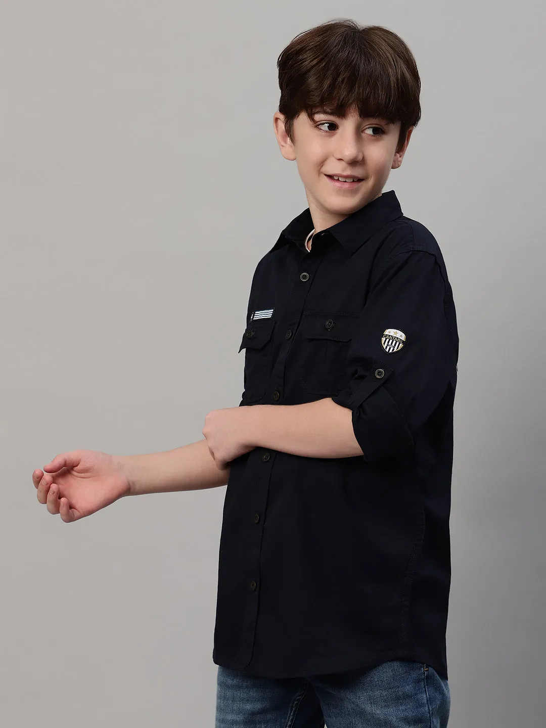 Boy's Navy Blue Solid Full Sleeve Shirt