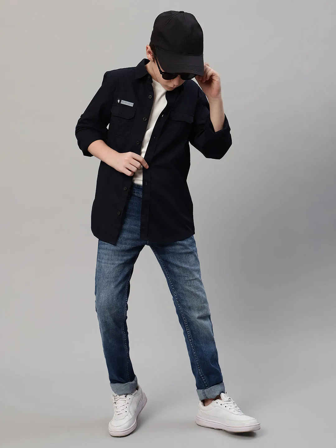 Boy's Navy Blue Solid Full Sleeve Shirt