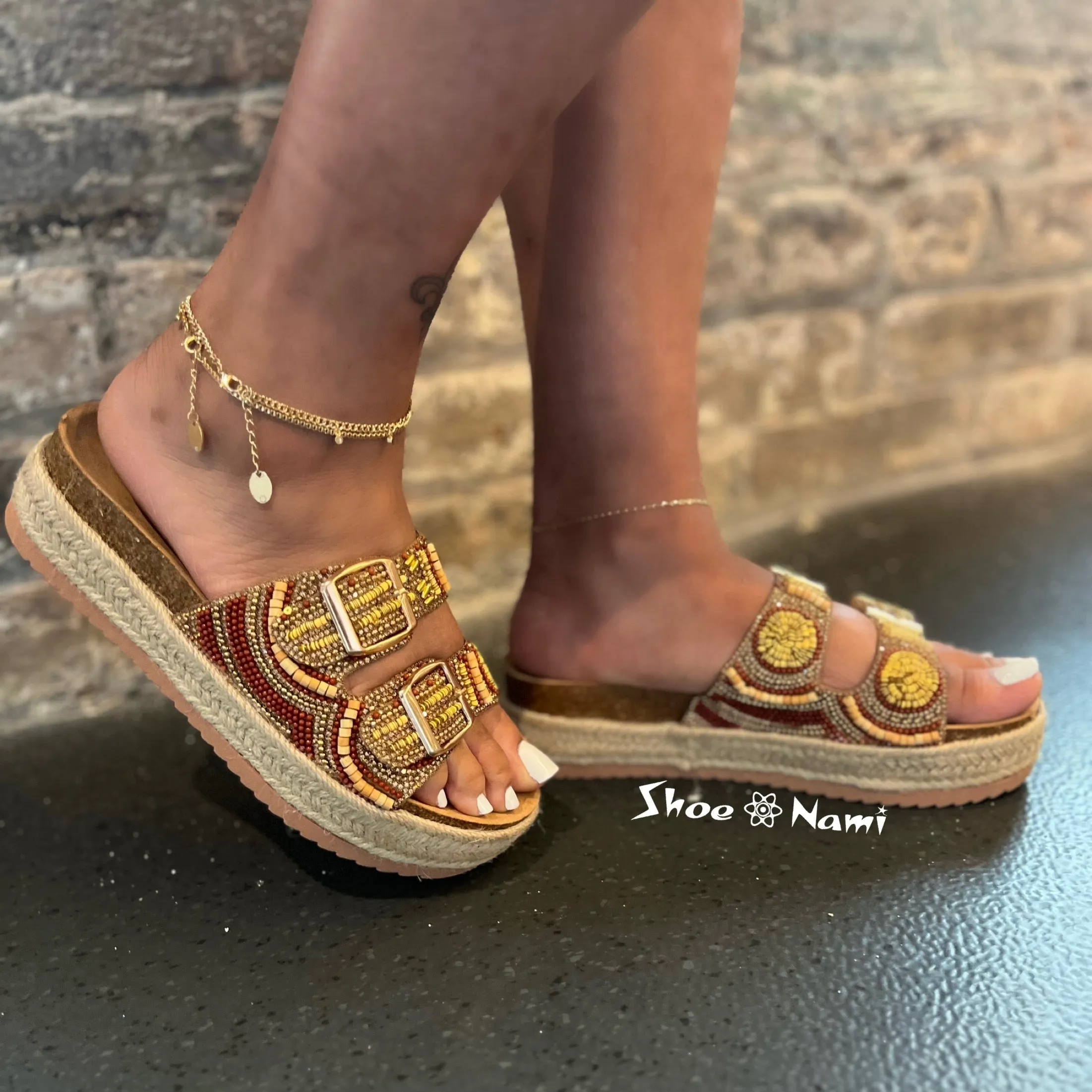 BRAKE-02 Chestnut Brown Beaded Sandal with Multi Tonal Bead Accents