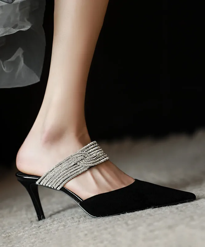 Classy Zircon Black Suede Slide Sandals