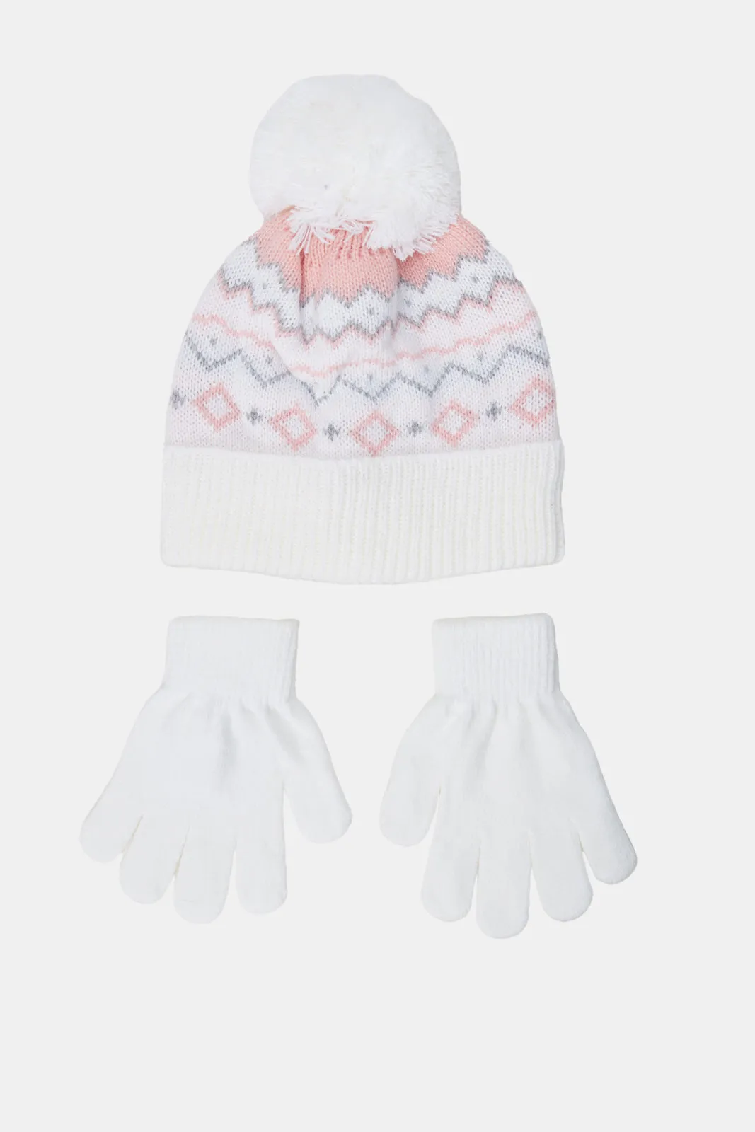 Girls White Embellished Cap With Gloves (3 Piece)