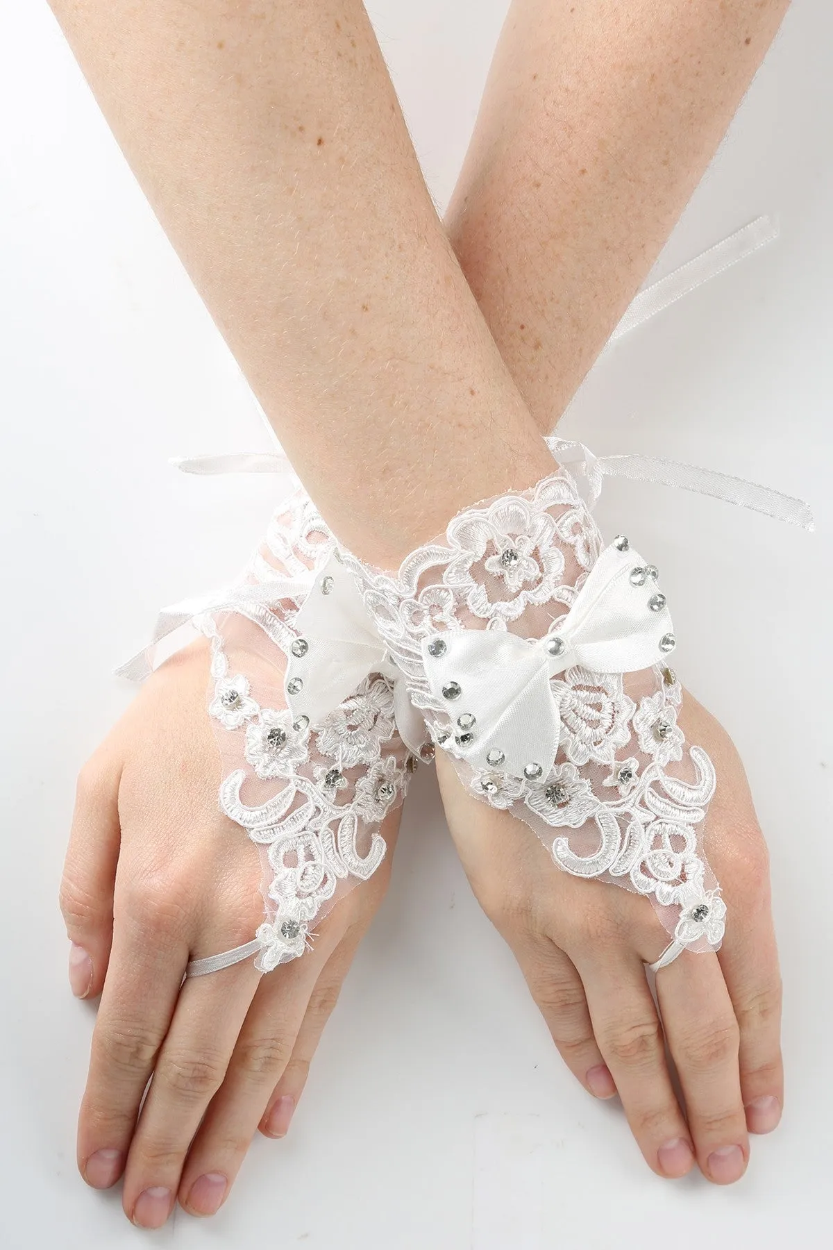 Girls White Rhinestone Satin Bow Lace Fingerless Communion Flower Girl Gloves