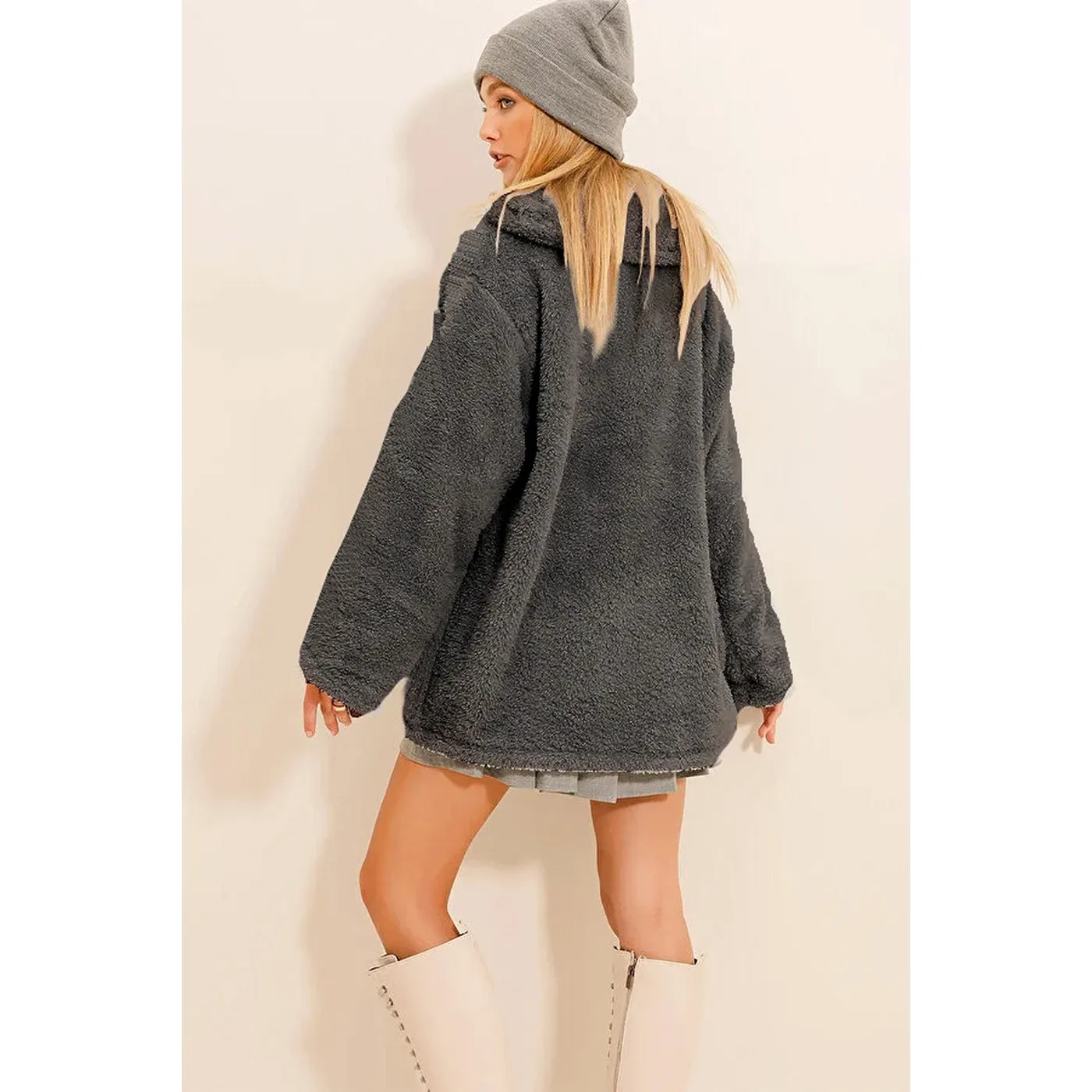 Grey Fur Long Button Down Jacket