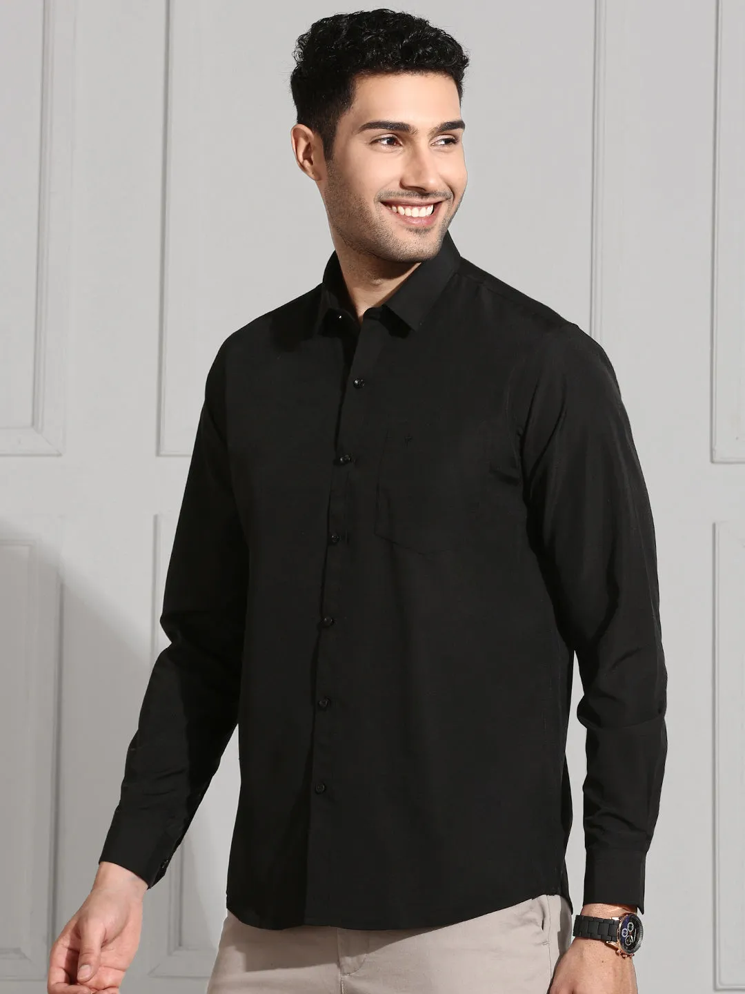 Men Cotton Blend Shirt Black