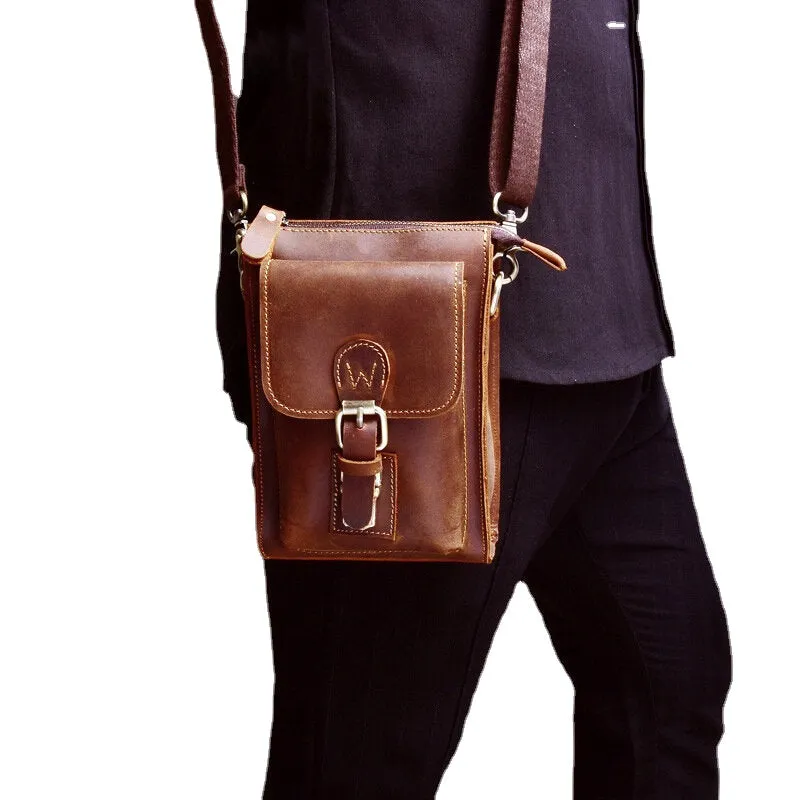 Men Genuine Leather Vintage Multi-functional Crossbody Bag Durable Belt Loop Waist Daily Belt Bag