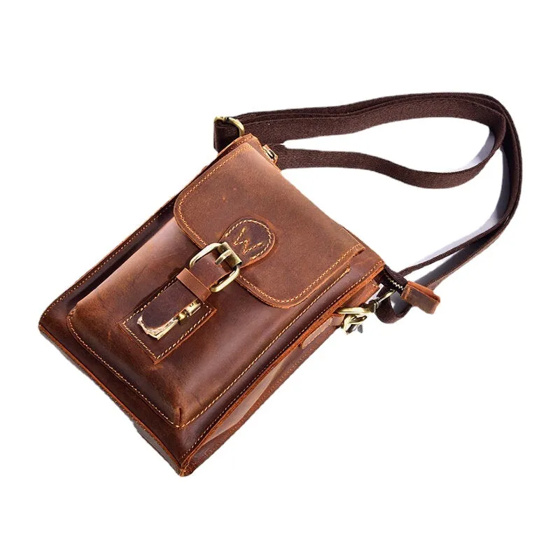 Men Genuine Leather Vintage Multi-functional Crossbody Bag Durable Belt Loop Waist Daily Belt Bag