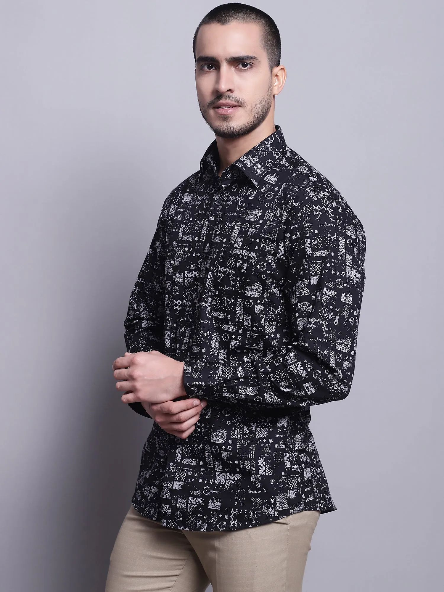 Men's Black Party Abstract Print Full Sleeve Shirt