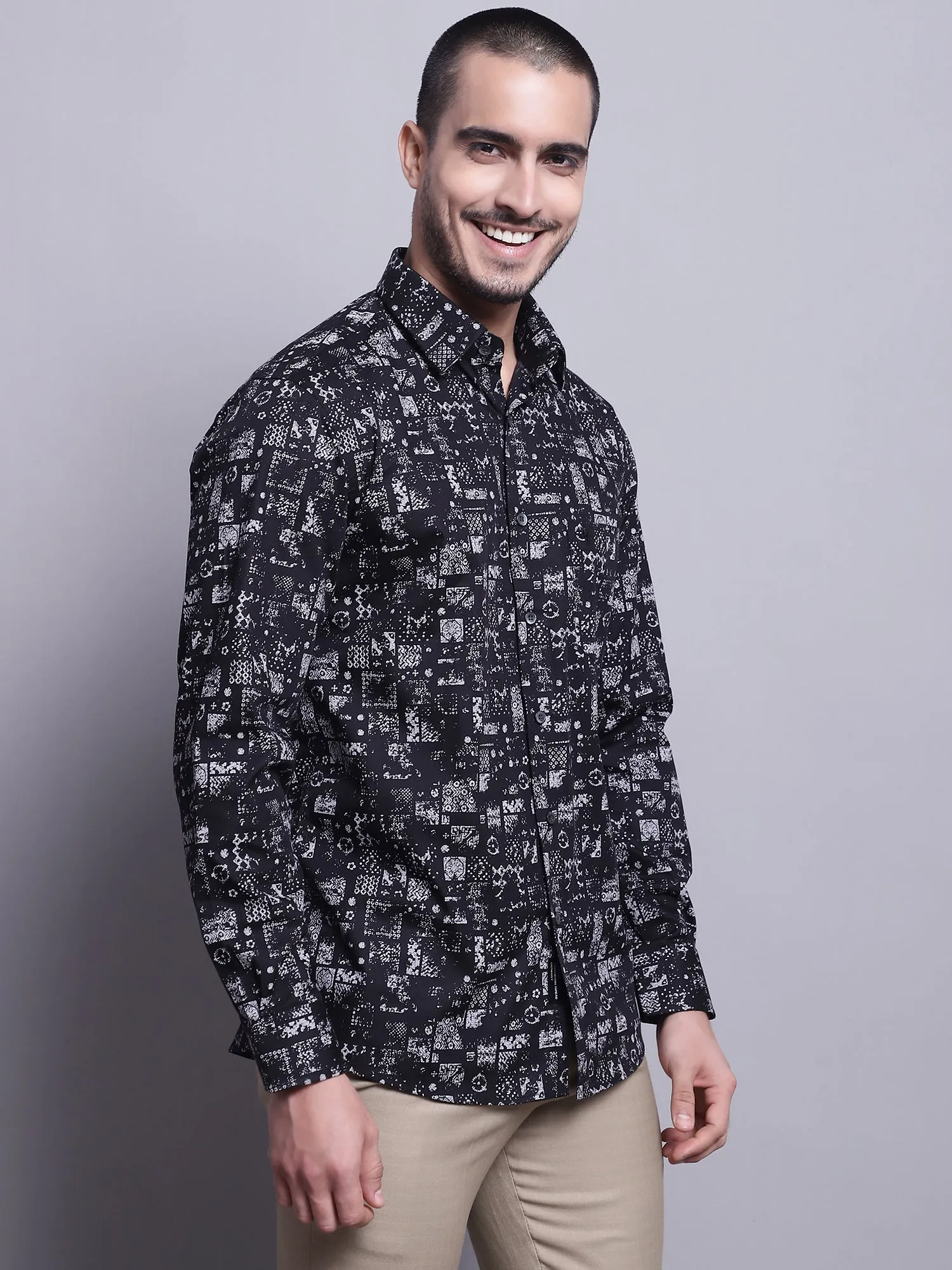 Men's Black Party Abstract Print Full Sleeve Shirt