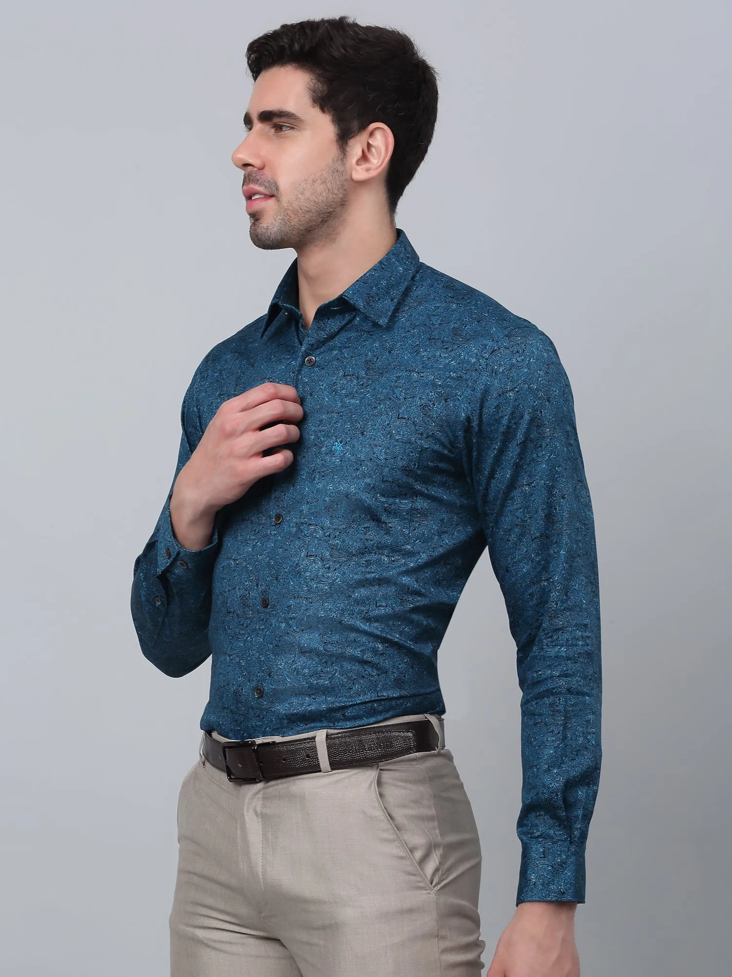 Men's Blue Party Paisley Print Full Sleeve Shirt