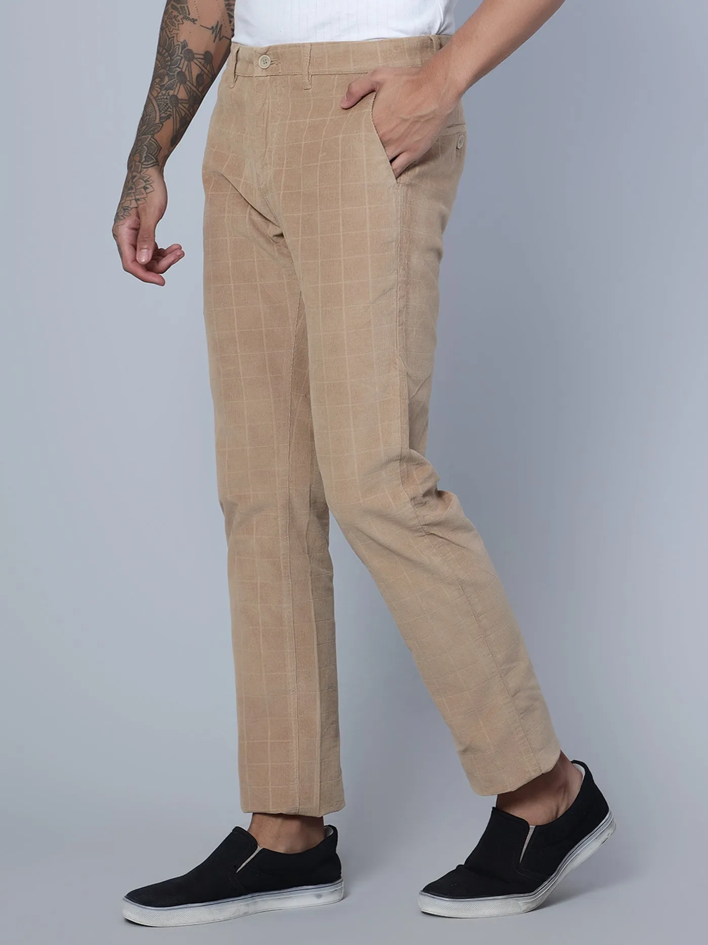 Men's Casual Flat front Khaki Corduroy Checks Trousers