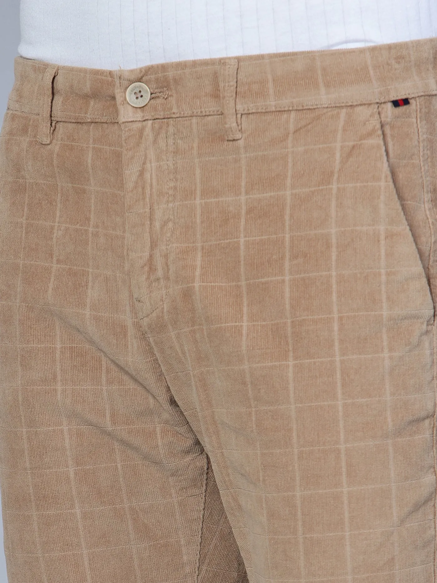 Men's Casual Flat front Khaki Corduroy Checks Trousers