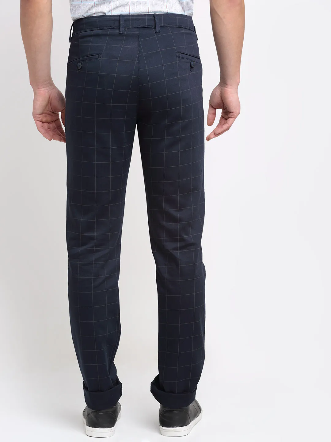 Men's Casual Flat front Navy Blue Checks Trousers