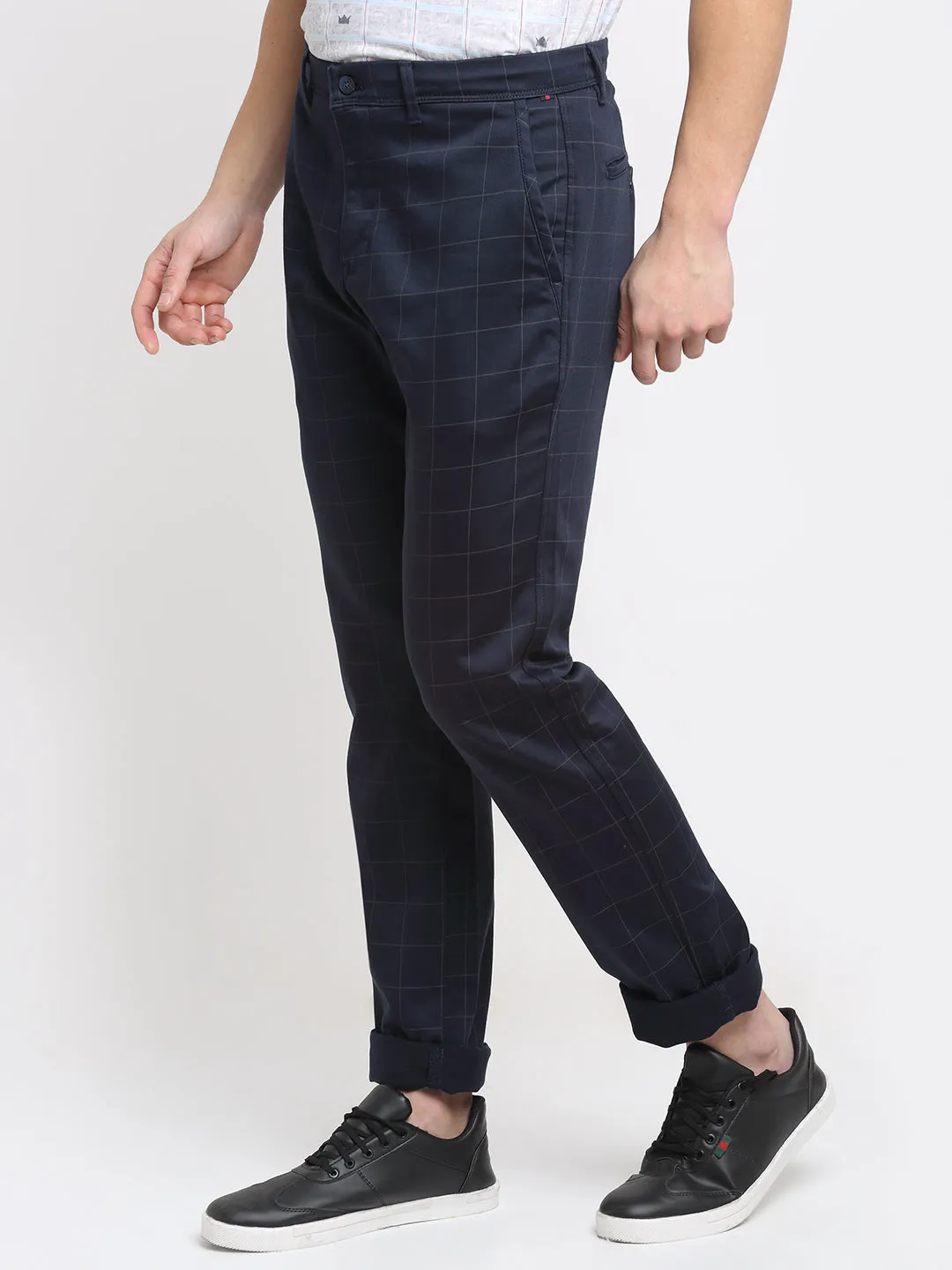 Men's Casual Flat front Navy Blue Checks Trousers