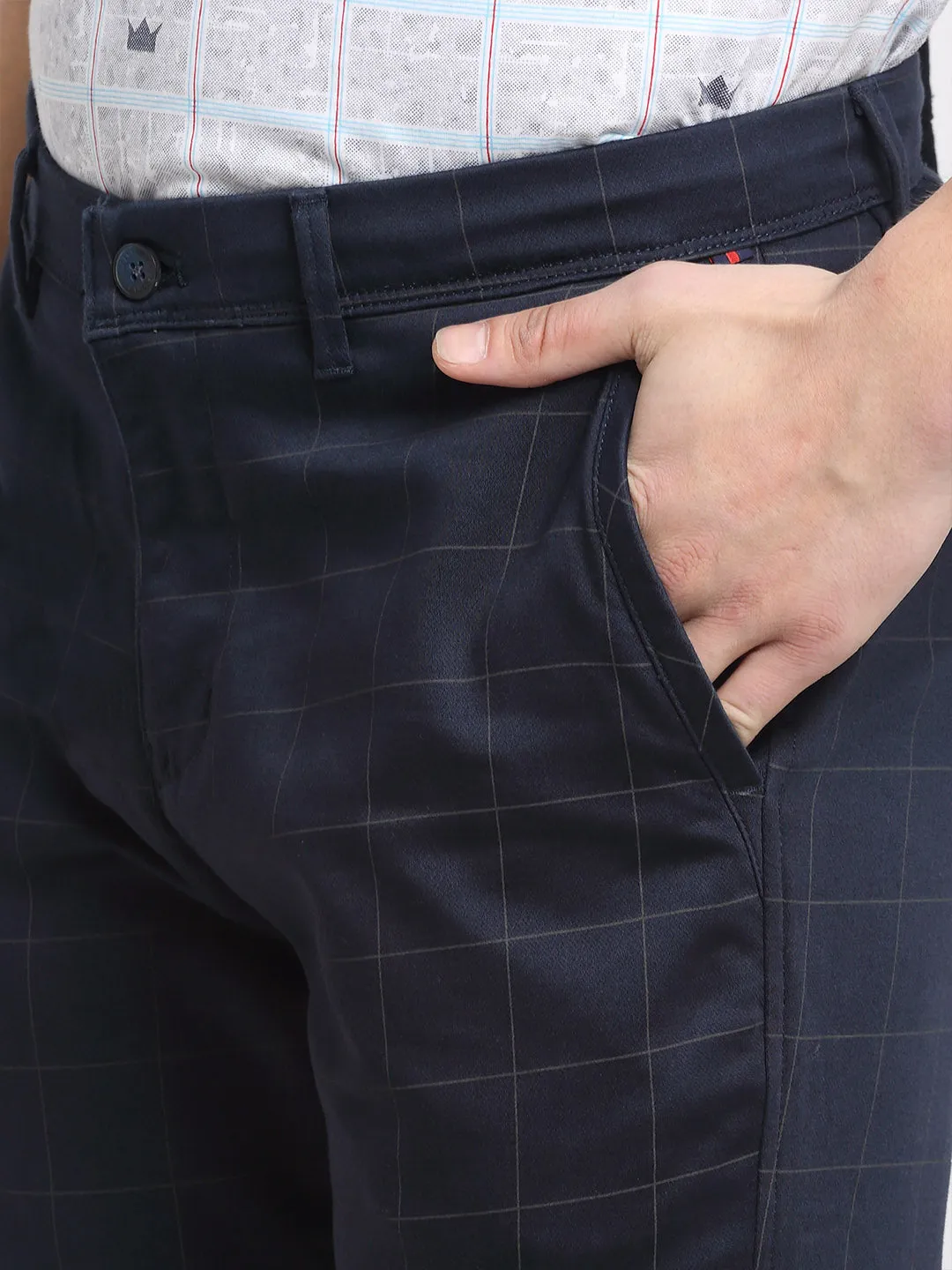 Men's Casual Flat front Navy Blue Checks Trousers