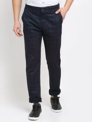 Men's Casual Flat front Navy Blue Checks Trousers