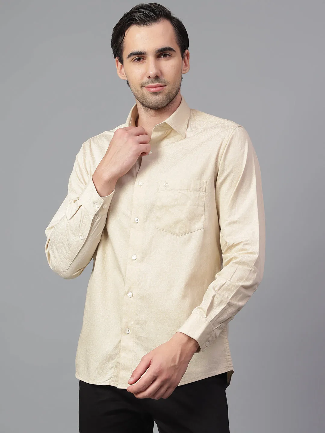 Men's Cream Printed Full Sleeve Partywear Shirt