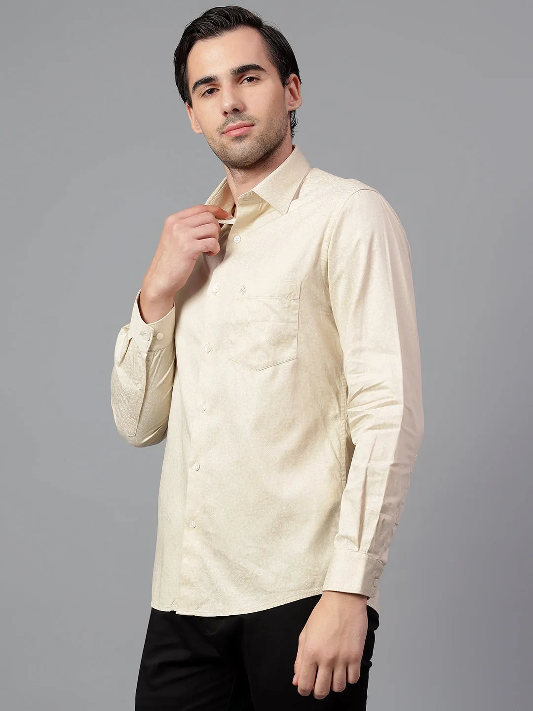 Men's Cream Printed Full Sleeve Partywear Shirt