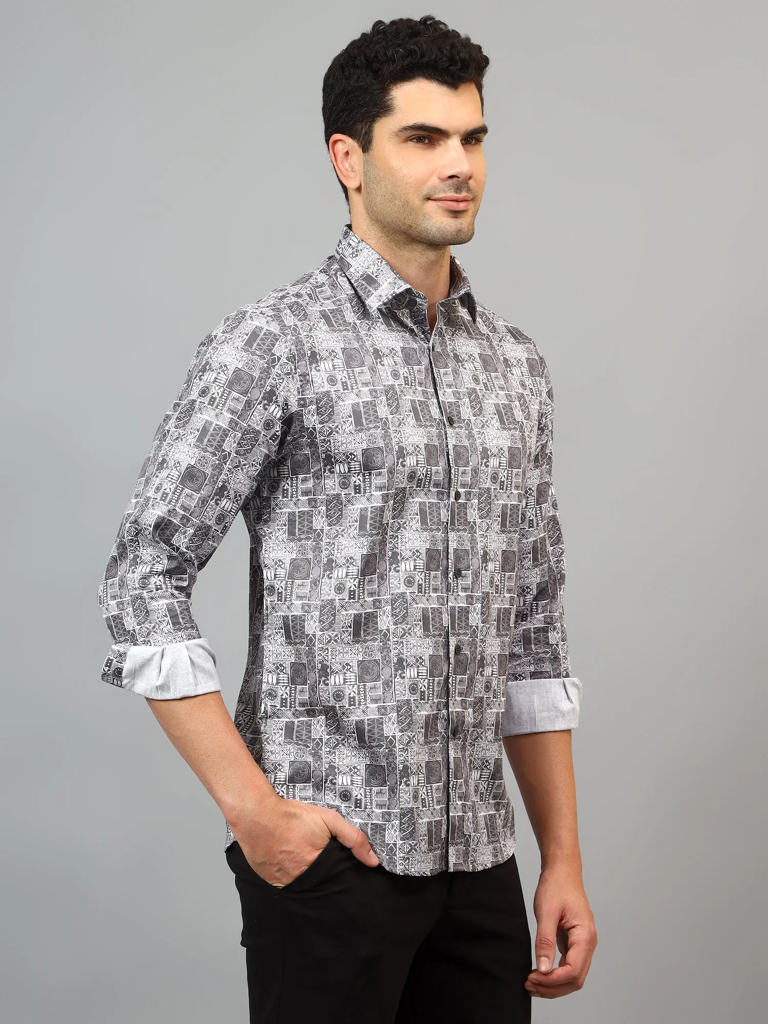 Men's Grey  Party Tile Print Full Sleeve Shirt