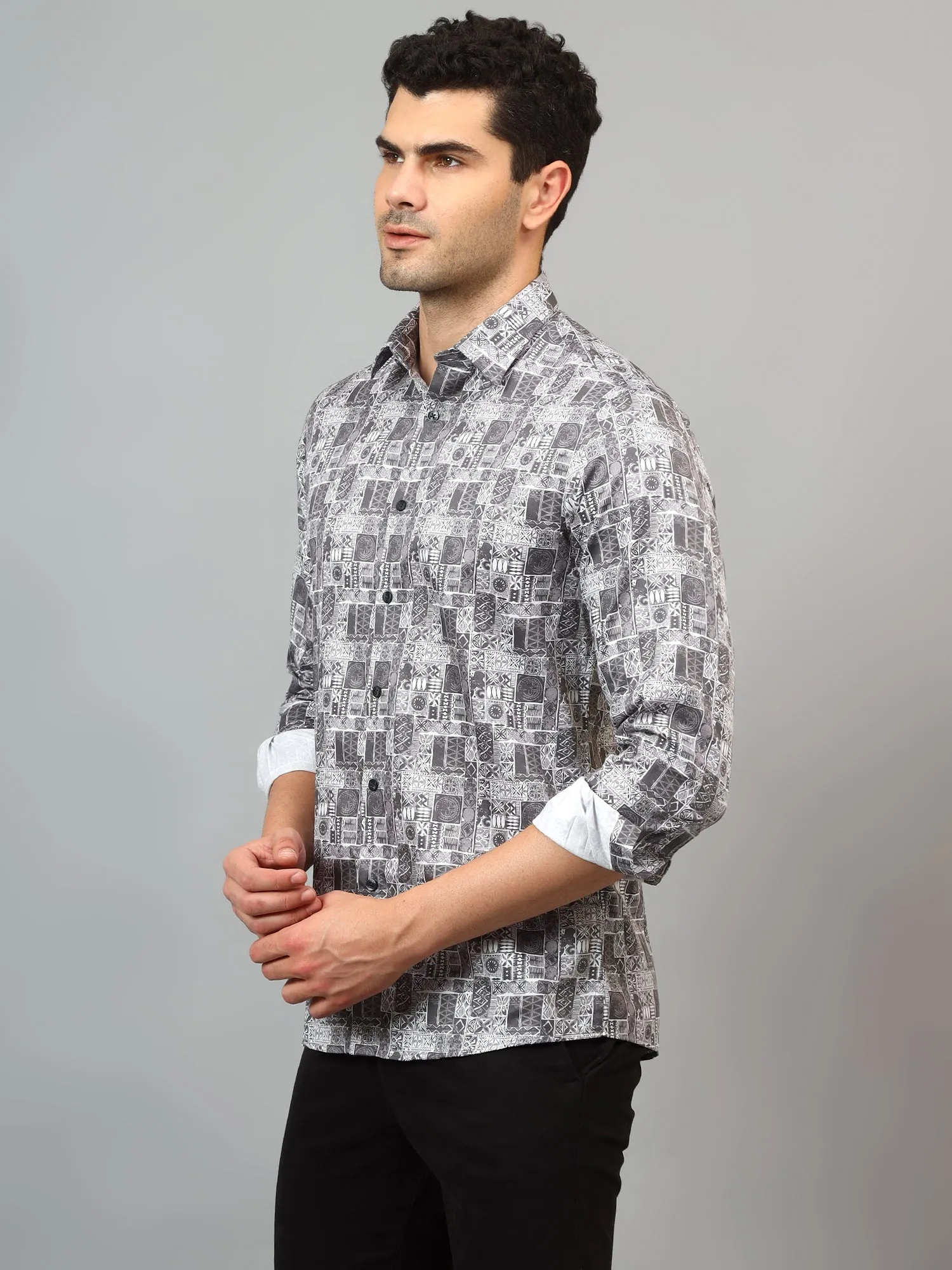 Men's Grey  Party Tile Print Full Sleeve Shirt