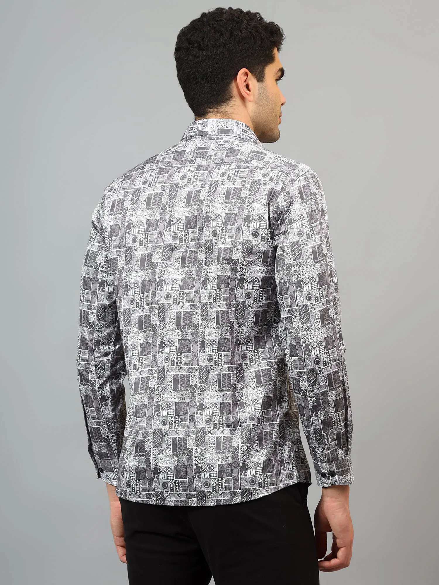 Men's Grey  Party Tile Print Full Sleeve Shirt