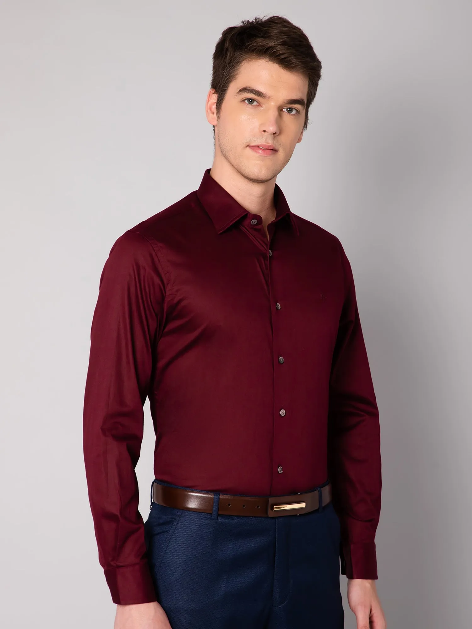 Men's Maroon Party Plain Satin Full Sleeve Shirt