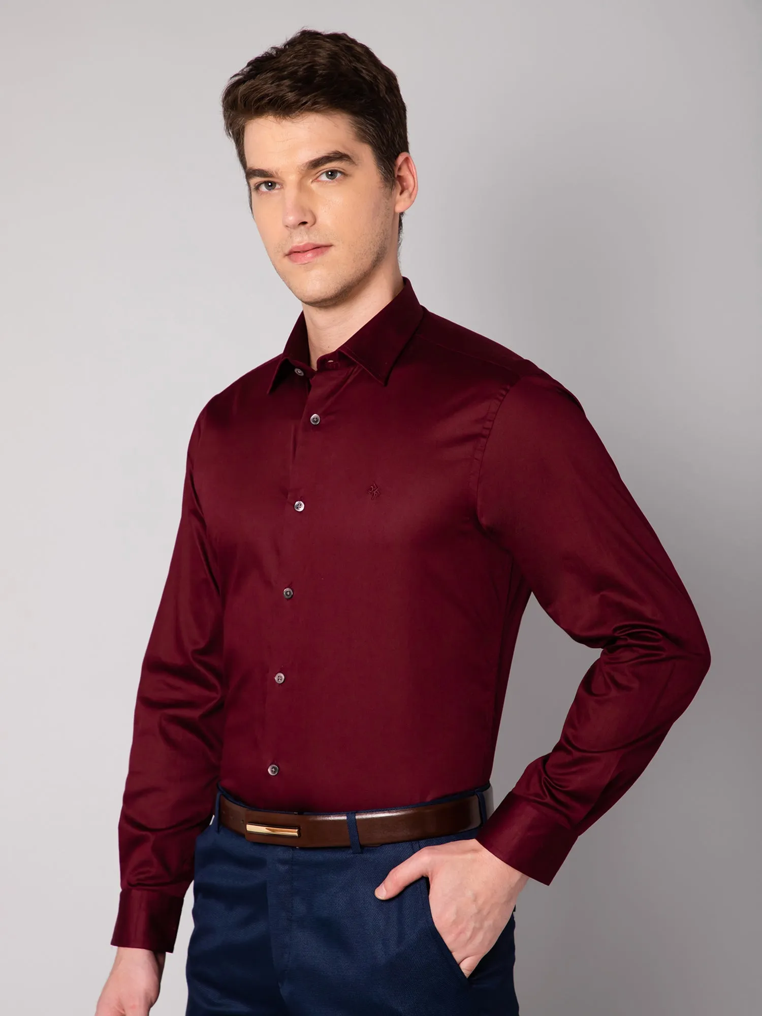 Men's Maroon Party Plain Satin Full Sleeve Shirt