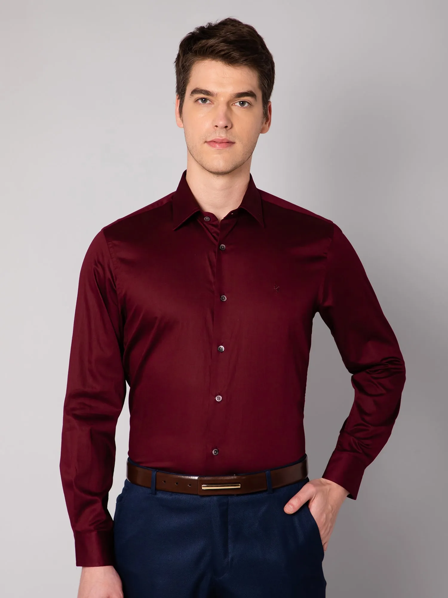 Men's Maroon Party Plain Satin Full Sleeve Shirt