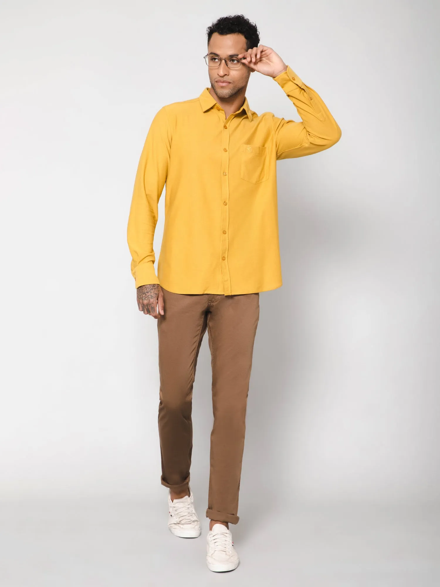 Men's Mustard Casual Knit Self Textured Full Sleeve Shirt