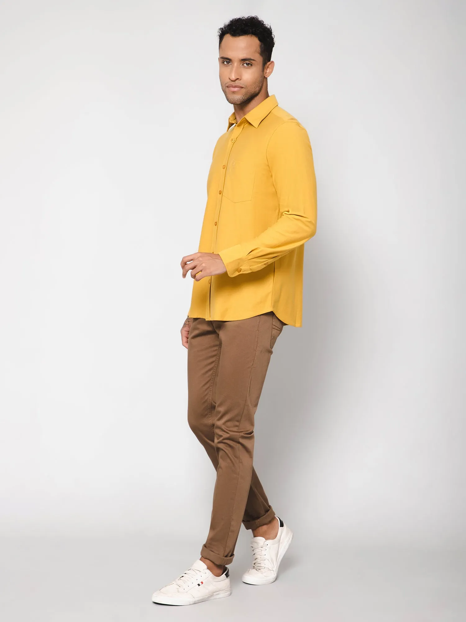 Men's Mustard Casual Knit Self Textured Full Sleeve Shirt