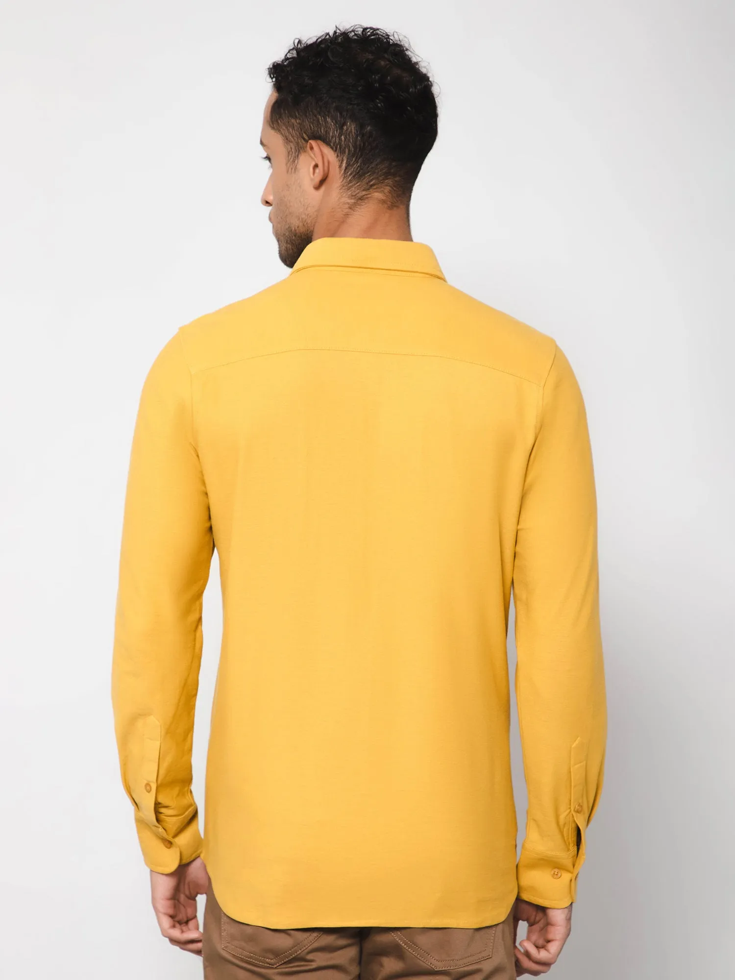 Men's Mustard Casual Knit Self Textured Full Sleeve Shirt