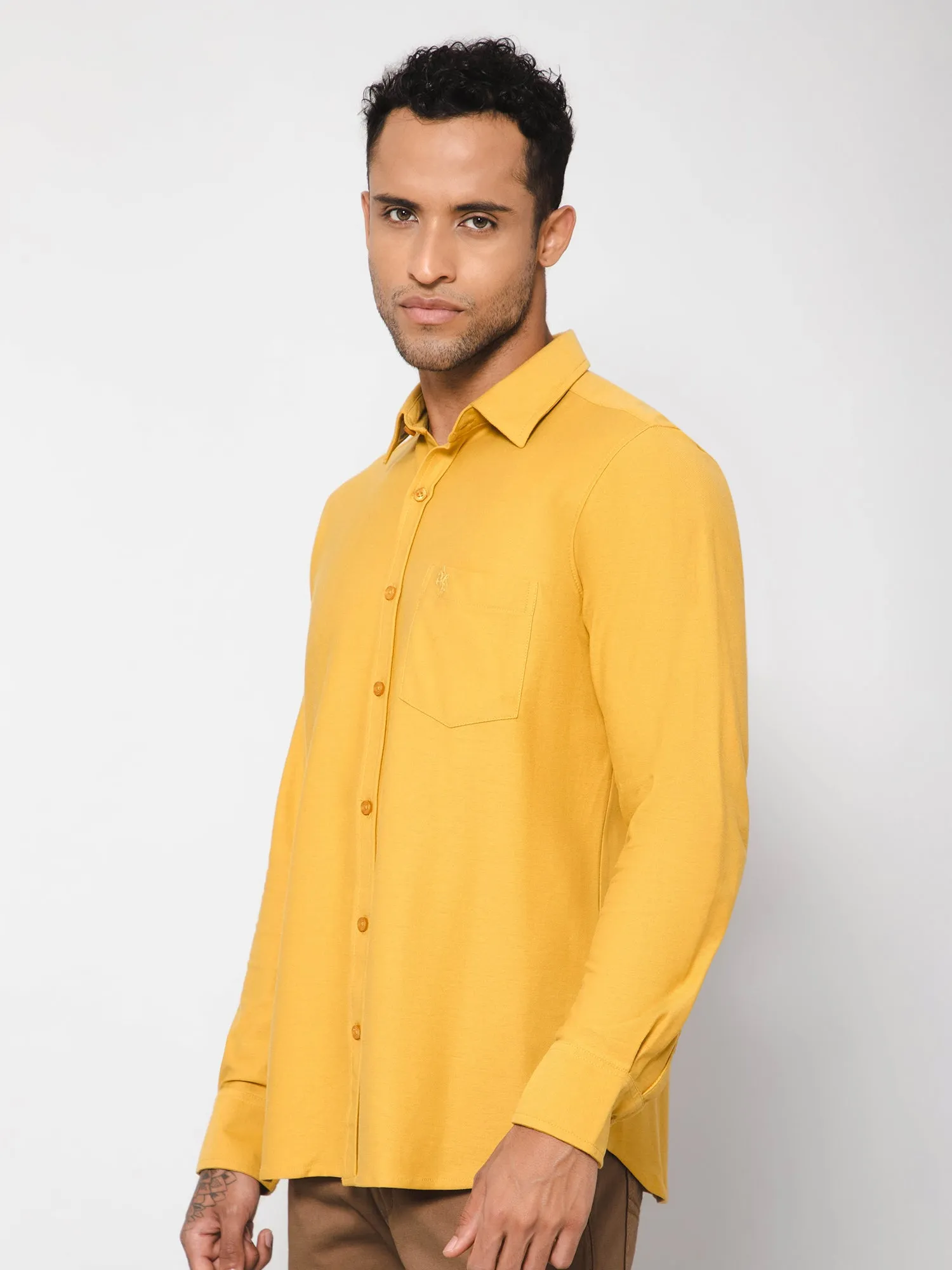 Men's Mustard Casual Knit Self Textured Full Sleeve Shirt