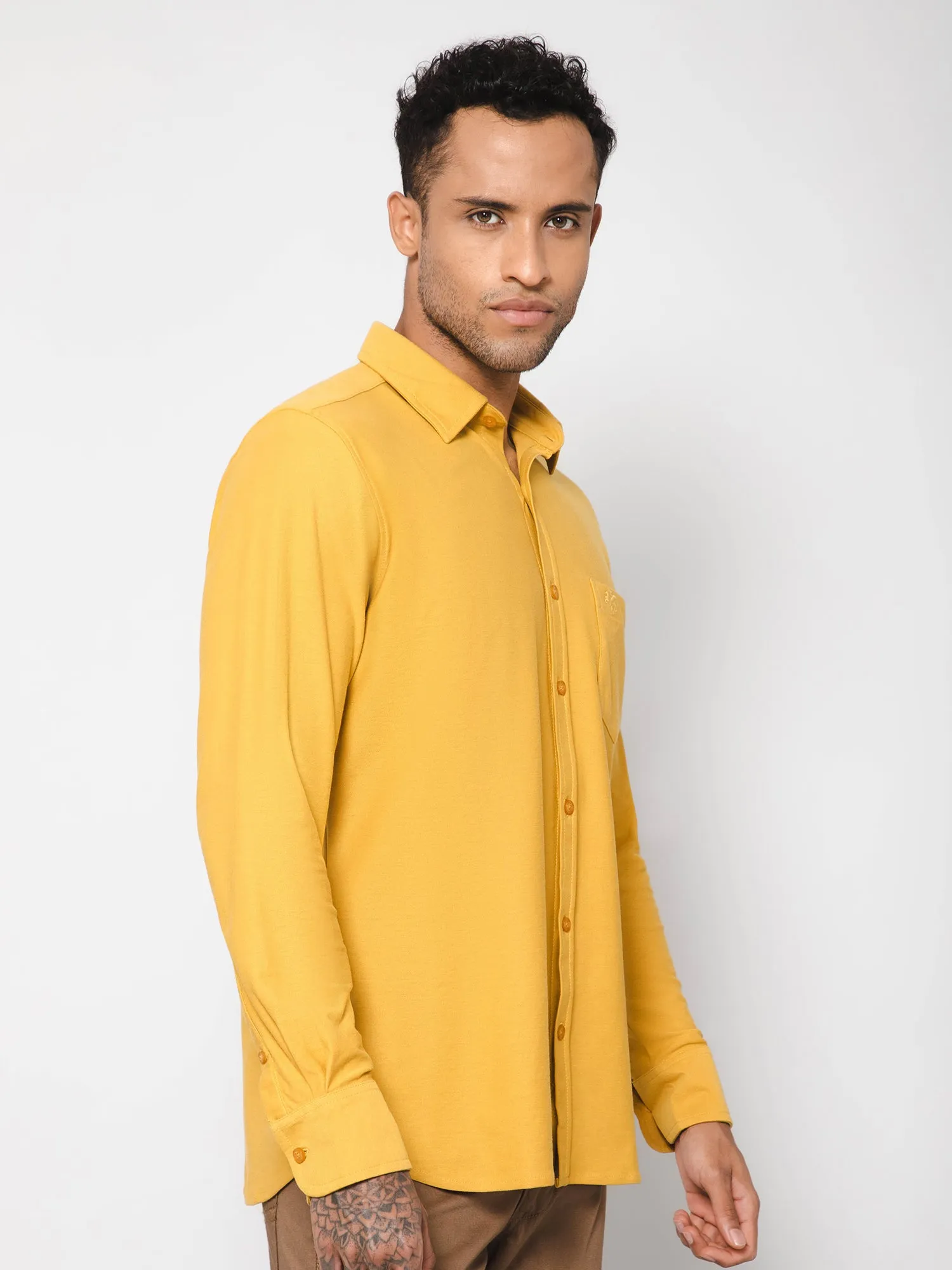 Men's Mustard Casual Knit Self Textured Full Sleeve Shirt