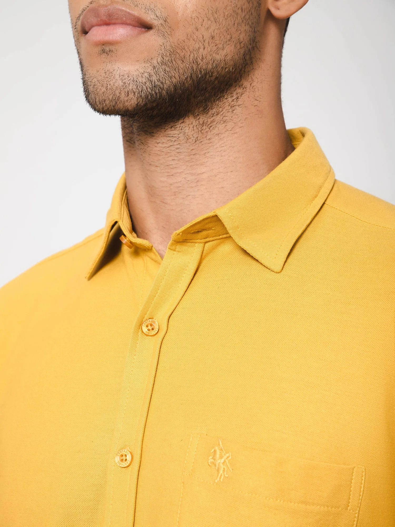 Men's Mustard Casual Knit Self Textured Full Sleeve Shirt