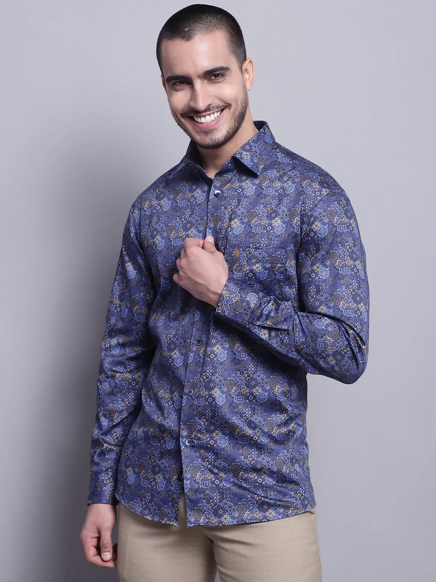 Men's Navy Blue Party Geometric Print Full Sleeve Shirt