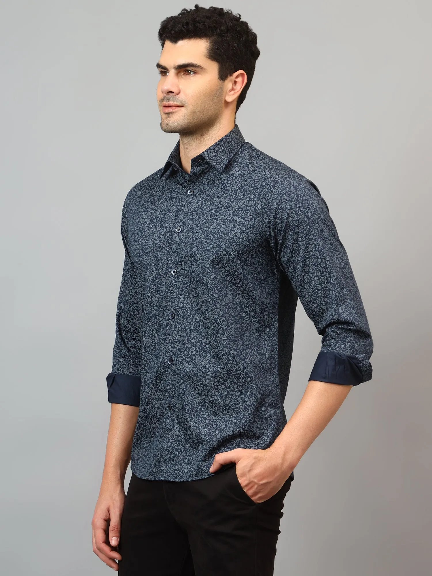 Men's Navy Blue Party Paisley Print  Full Sleeve Shirt