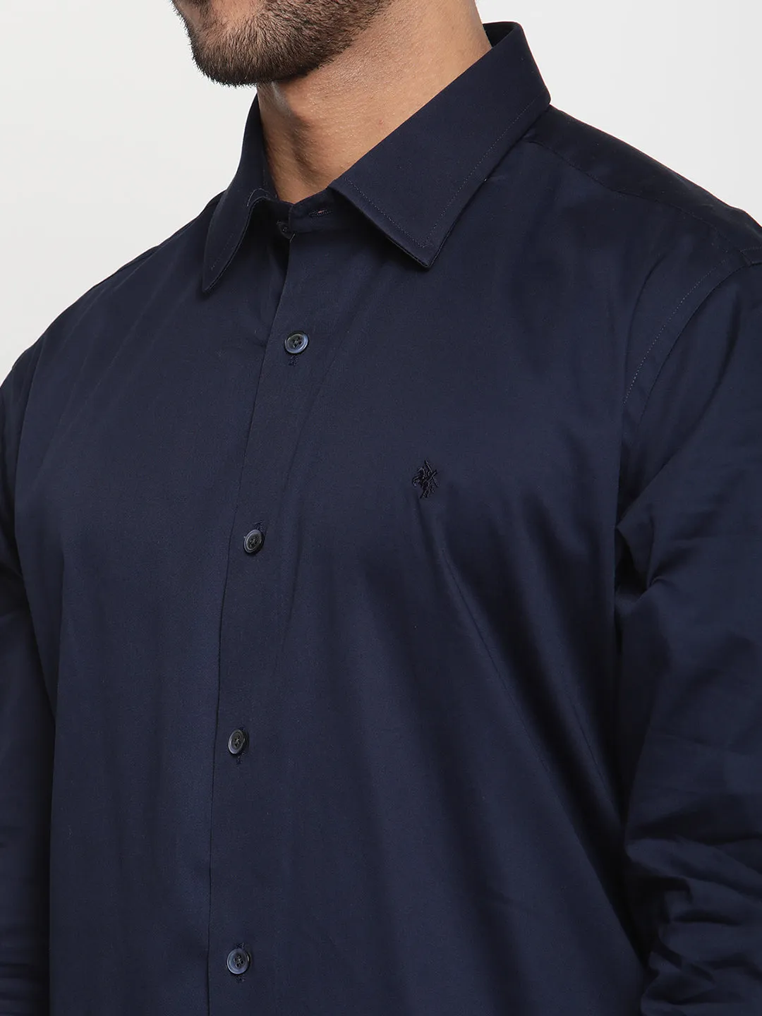 Men's Navy Blue Party Plain Satin Full Sleeve Shirt