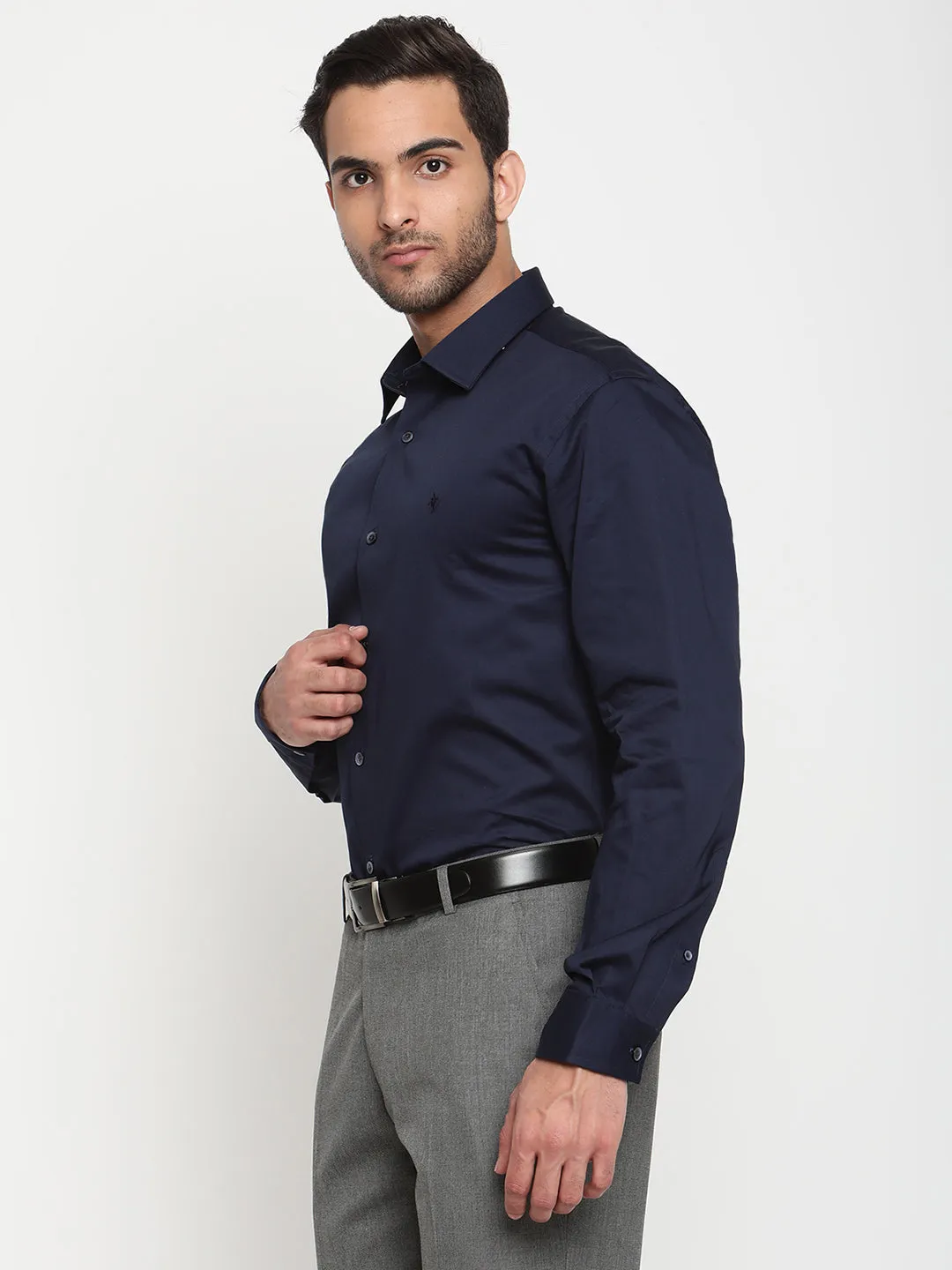 Men's Navy Blue Party Plain Satin Full Sleeve Shirt