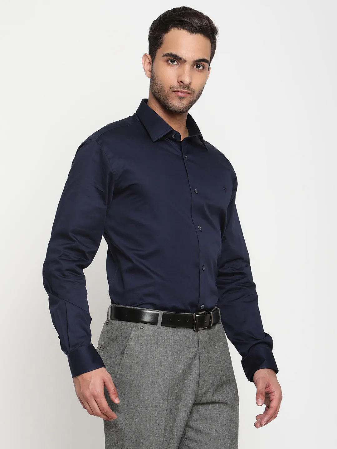 Men's Navy Blue Party Plain Satin Full Sleeve Shirt