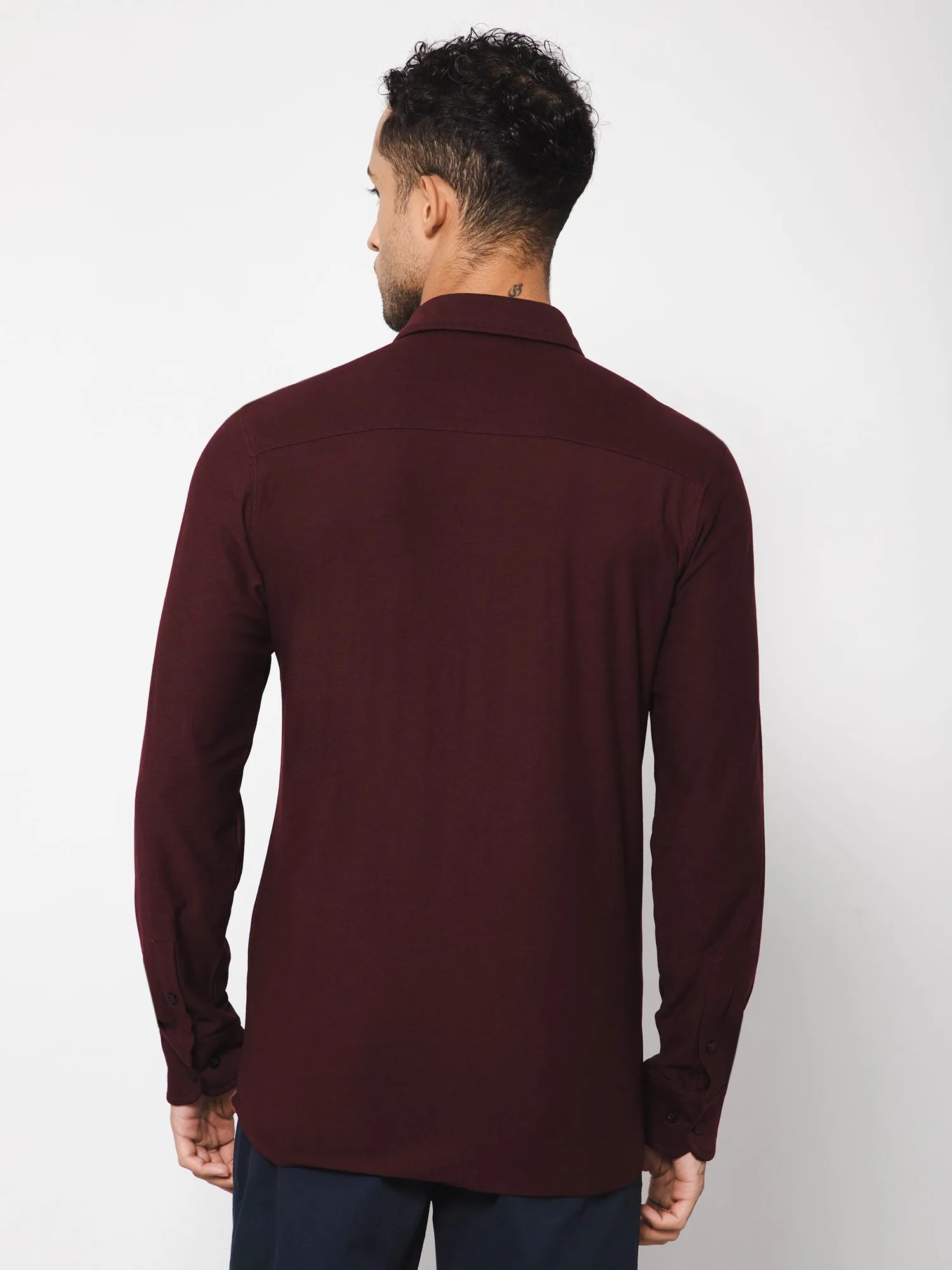 Men's Wine Casual Knit Self Textured Full Sleeve Shirt