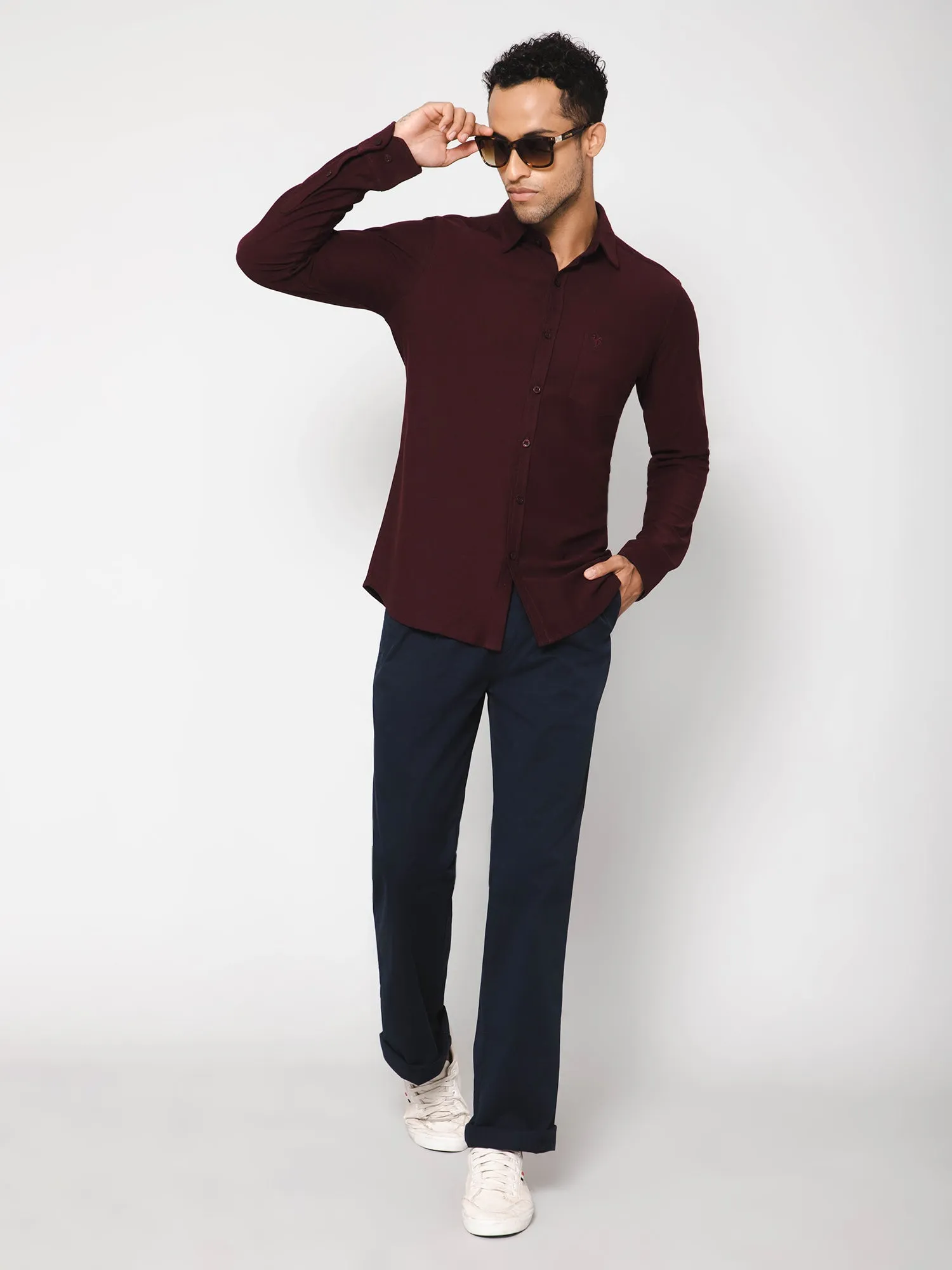 Men's Wine Casual Knit Self Textured Full Sleeve Shirt