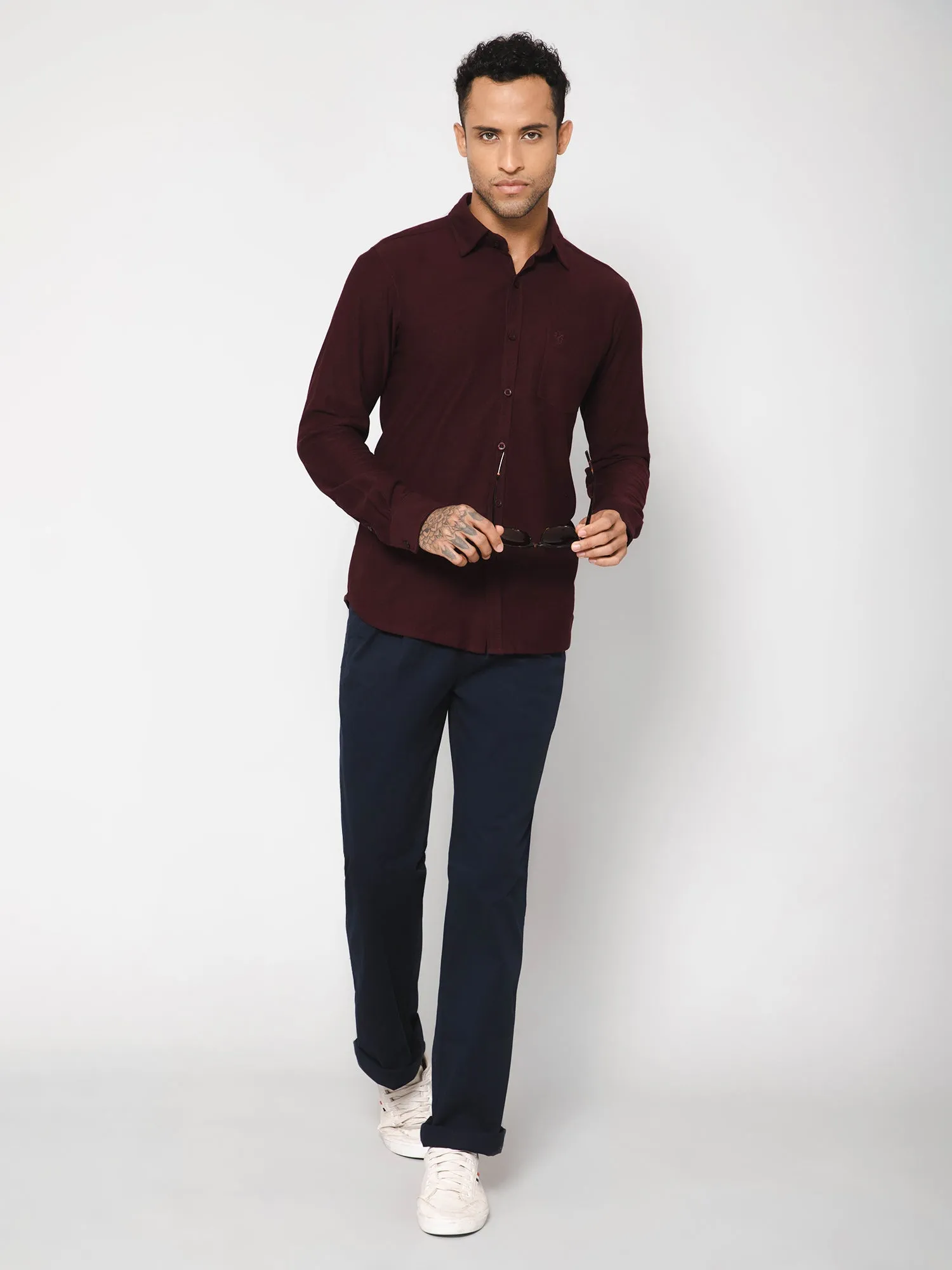 Men's Wine Casual Knit Self Textured Full Sleeve Shirt