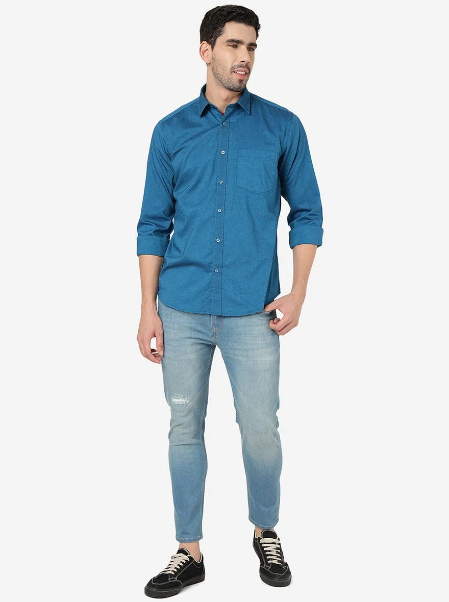 Peacock Blue Solid Smart Fit Semi Casual Shirt | Greenfibre