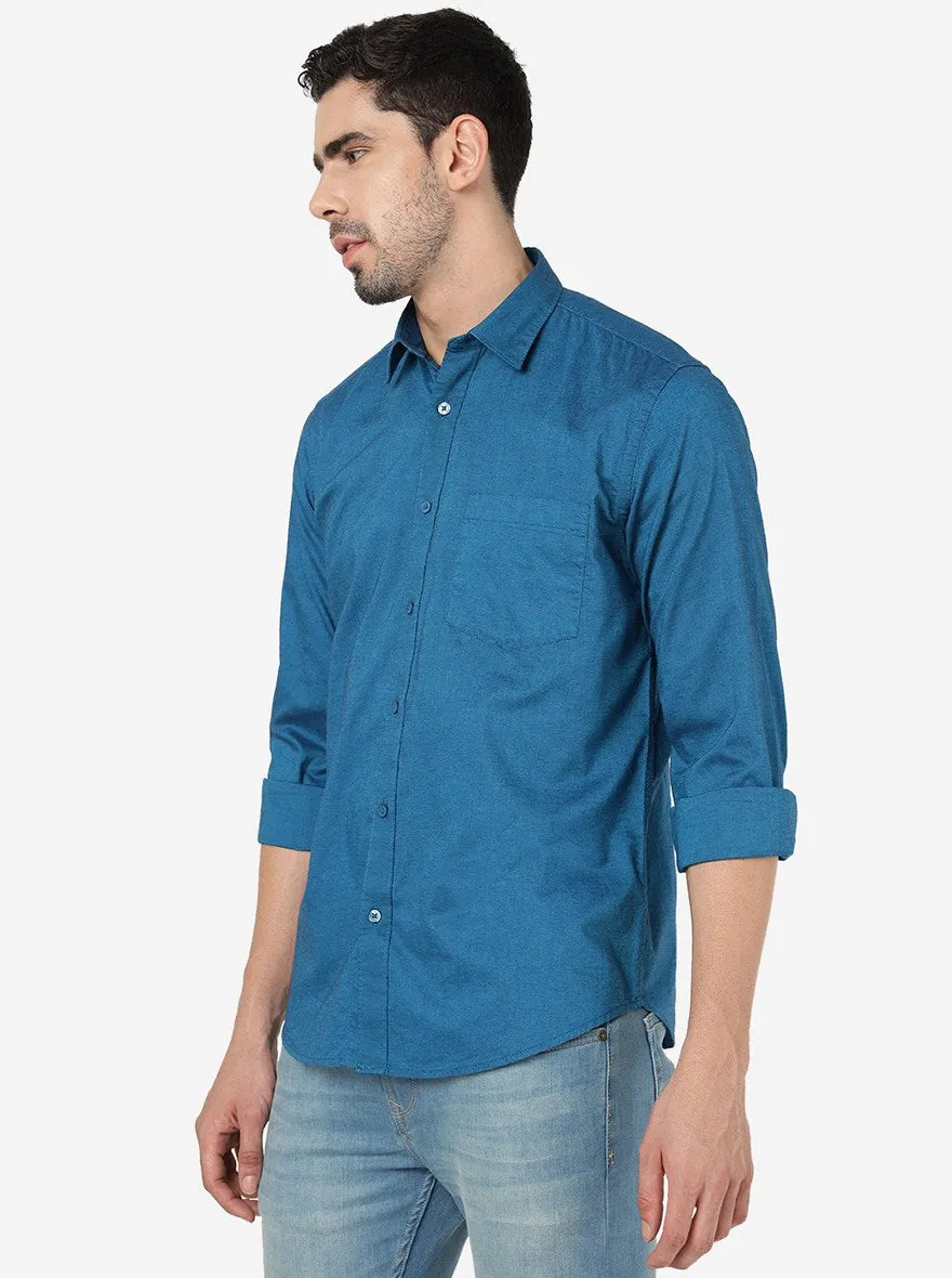 Peacock Blue Solid Smart Fit Semi Casual Shirt | Greenfibre