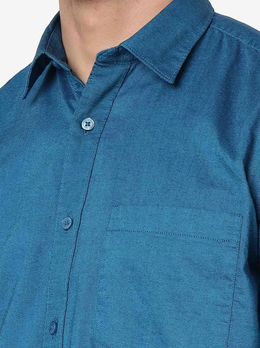 Peacock Blue Solid Smart Fit Semi Casual Shirt | Greenfibre