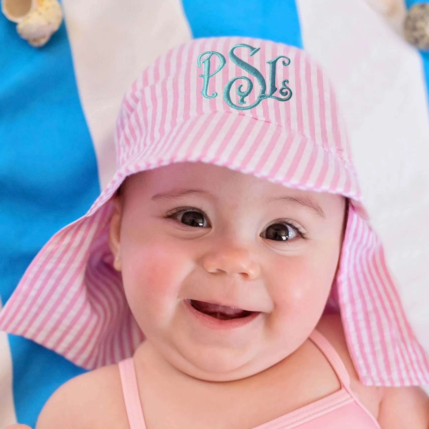 Personalized Pink and White Preppy Seersucker Stripe Sun & Swim Sun Hat for Baby Girls Newborn Hats Infant Summer Hat