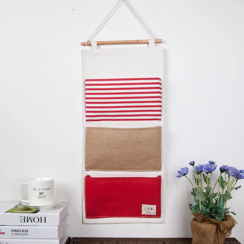 Red & Beige Cotton & Linen Hanging Storage Organizer